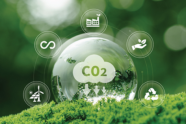 Infographic showing carbon dioxide and its effect to five different sectors, represented with icons.